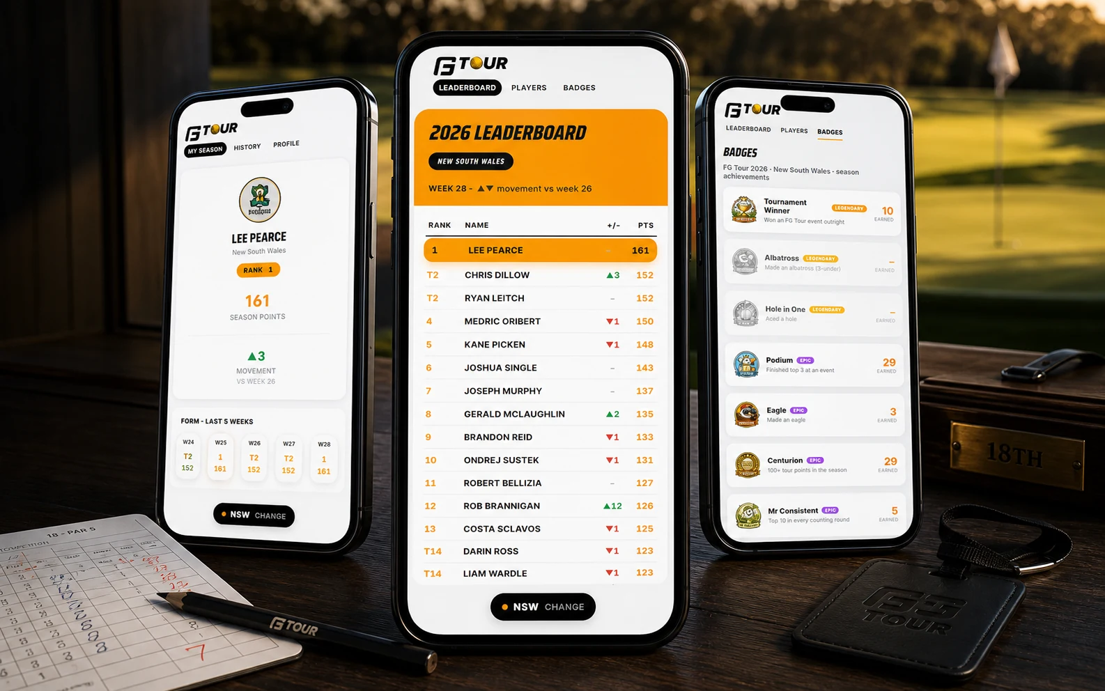 FG Tour 2026 live leaderboard, member form and season achievements presented across three phones at a golf club scoring desk