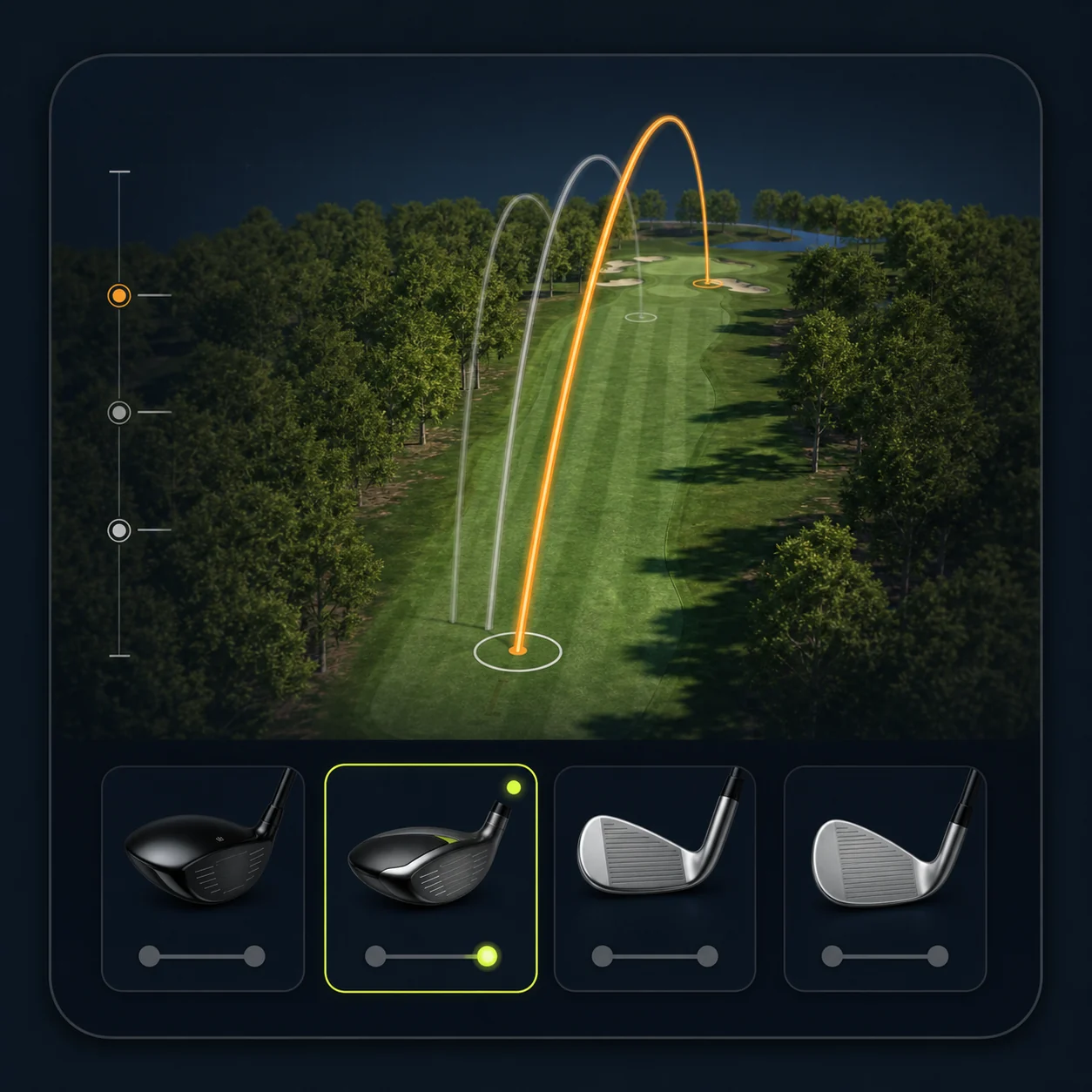 Multiple simulated ball flights compared across a selection of golf clubs